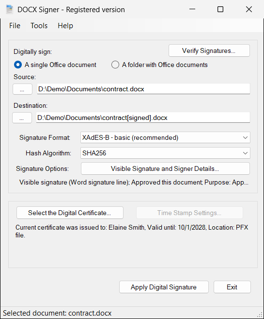 DOCX Signer with source, destination and certificate selected