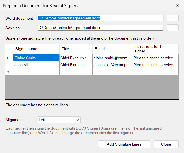 Prepare a Document for Several Signers window
