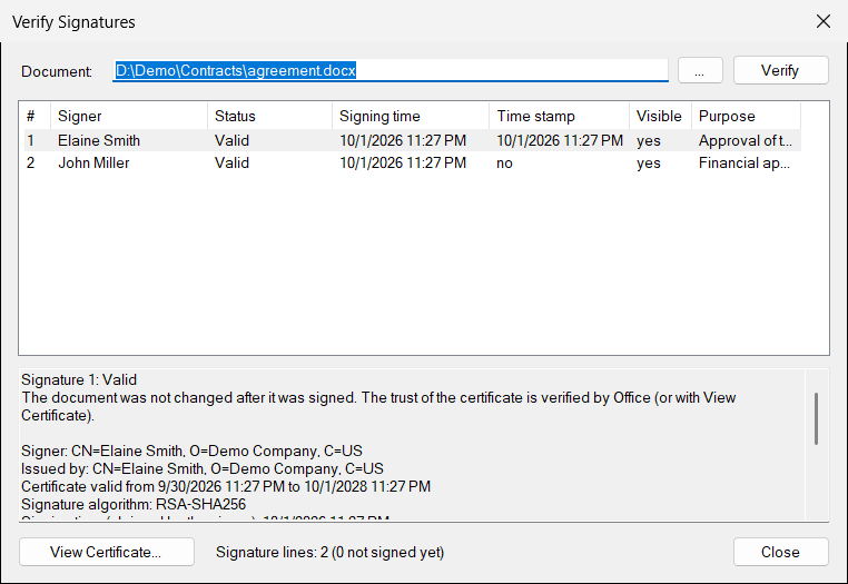 Verify Signatures window with two valid signatures