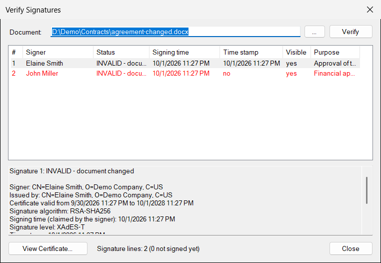 Verify Signatures window with invalid signatures