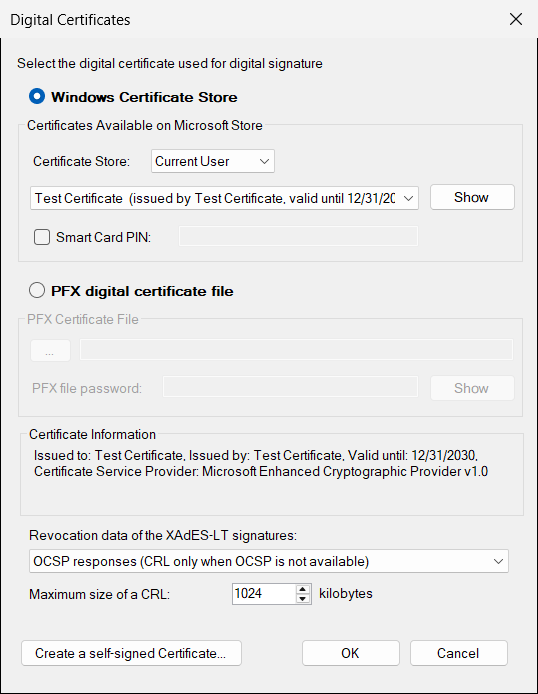 Digital Certificates window with the Windows Certificate Store option
