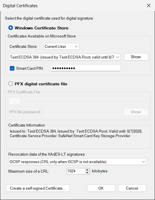 Certificate on a smart card selected in DOCX Signer
