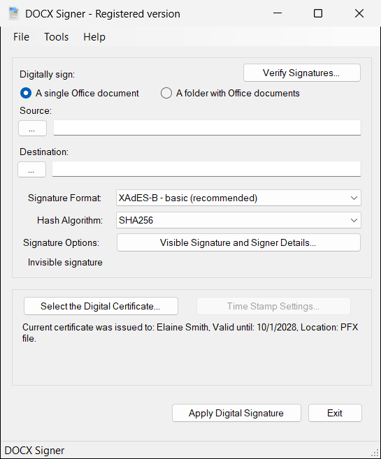 DOCX Signer after the registration