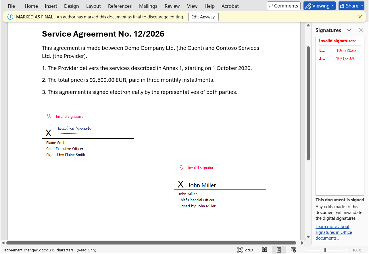 Word showing invalid signatures after the document was changed