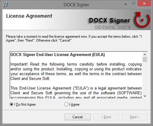License Agreement page of the DOCX Signer setup
