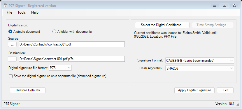 P7S Signer with source, destination and certificate selected