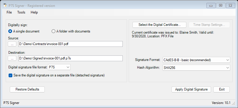 Main window ready to create a detached signature