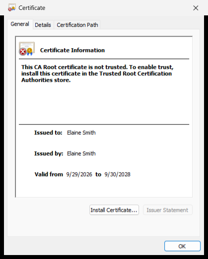 Windows certificate window opened from the Viewer