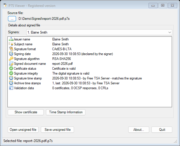 P7S Viewer showing a CAdES-B-LTA signature