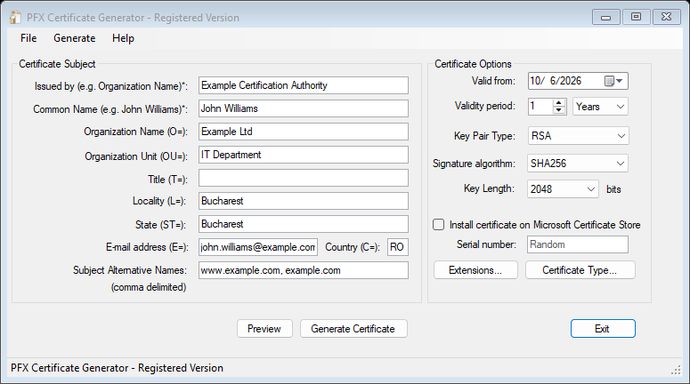 PFX Certificate Generator, main window