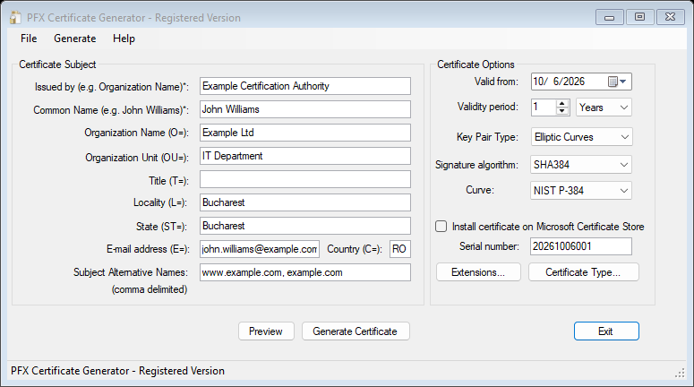 PFX Certificate Generator with an elliptic curve key