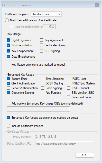 Extensions window, Standard User template