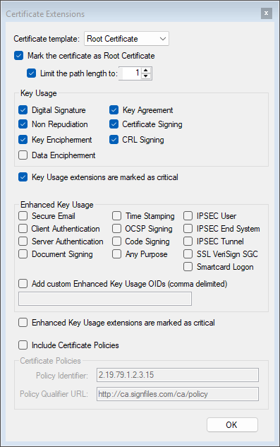 Extensions window, Root Certificate template with path length