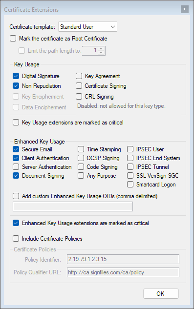 Extensions window with an ECDSA key
