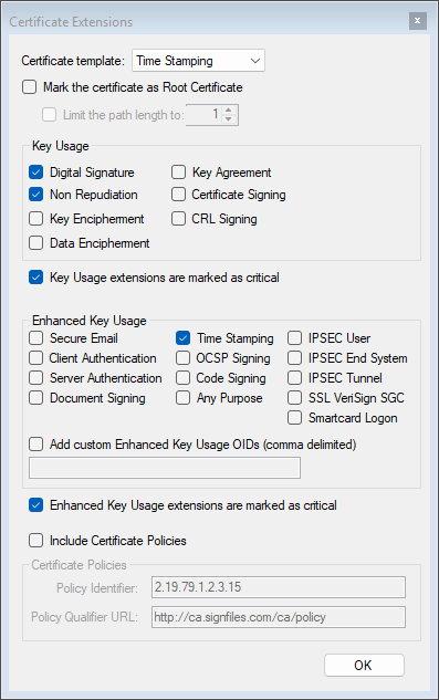 Extensions window, Time Stamping template