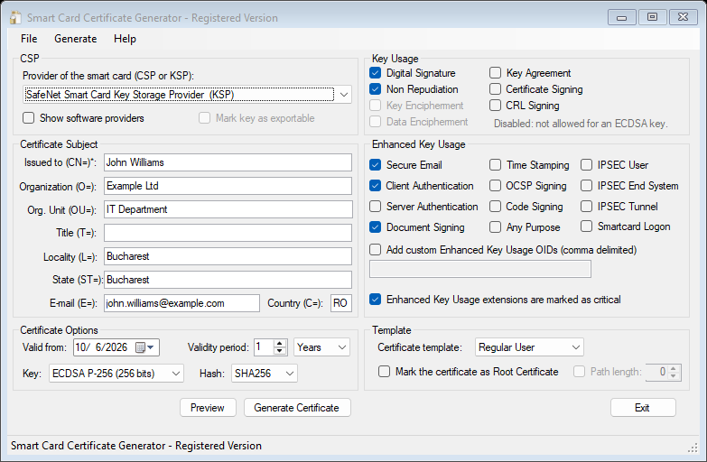 Smart Card Certificate Generator with a KSP provider and an ECDSA key