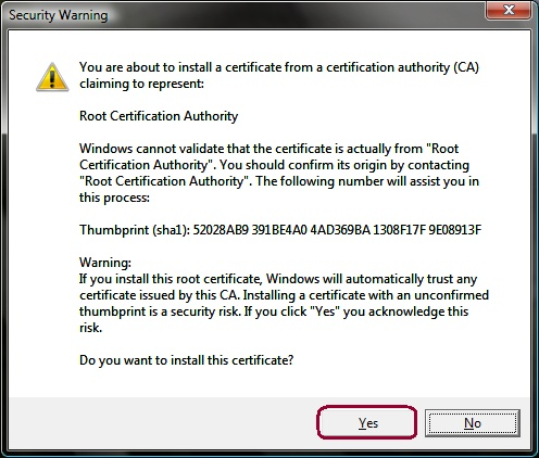 Windows security warning for a root certificate