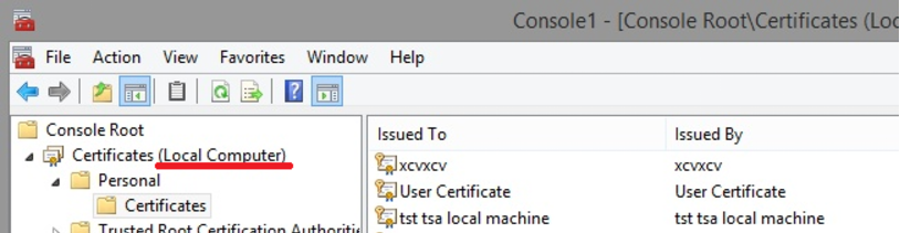Certificates console for the Local Computer