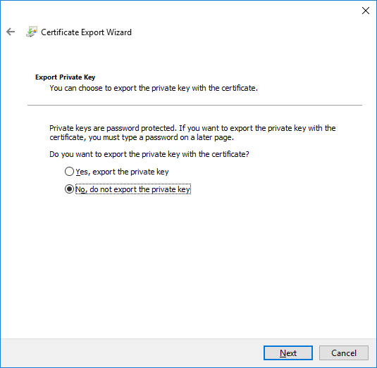 Certificate Export Wizard, private key