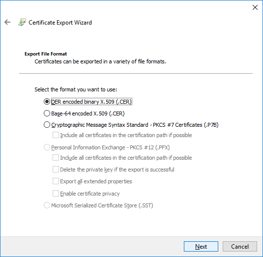 Certificate Export Wizard, format
