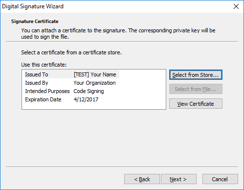 Digital Signature Wizard, certificate